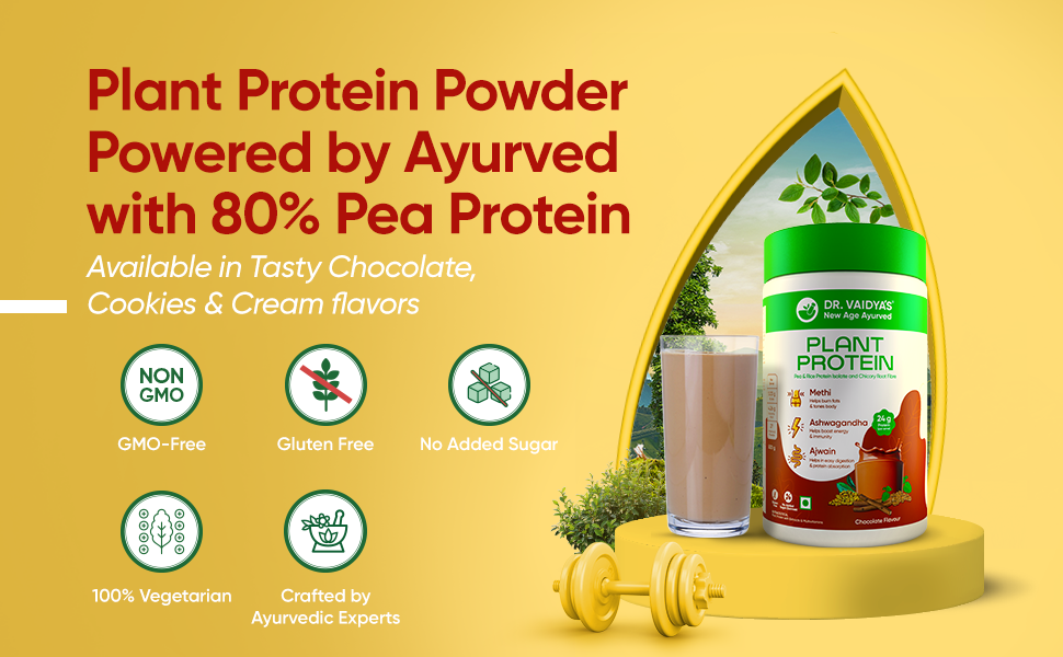Dr. Vaidya’s Plant Protein Powder | Ayurvedic Pea Protein with Ashwagandha, Methi & Ajwain | 24 g Protein per Serving | Muscle Gain, Energy & Weight Loss | 500g Chocolate Flavour (Pack of 1)