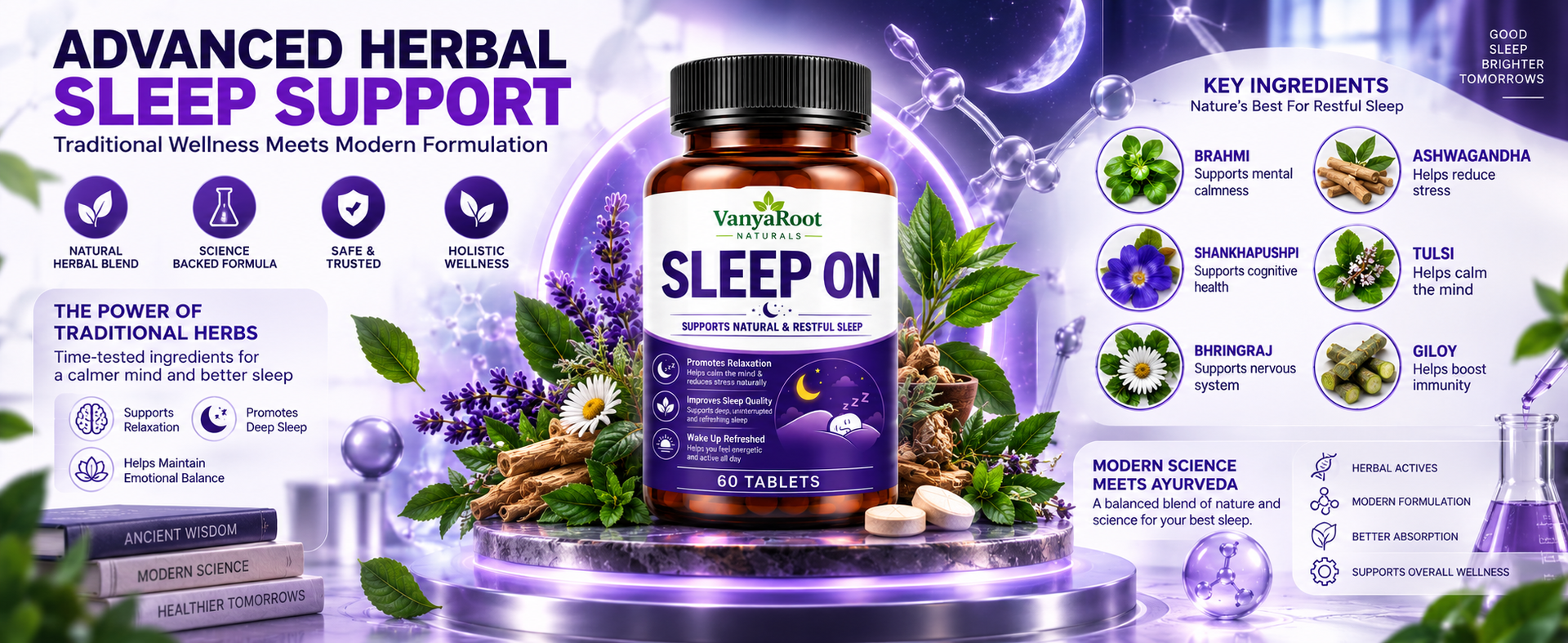 VanyaRoot Naturals Sleep On Tablets for Restful Sleep & Relaxation | Supports Deep Sleep, Stress Relief & Calm Mind | Herbal Sleep Support Supplement | Non-Habit Forming | 60 Tablets (Pack of 1)
