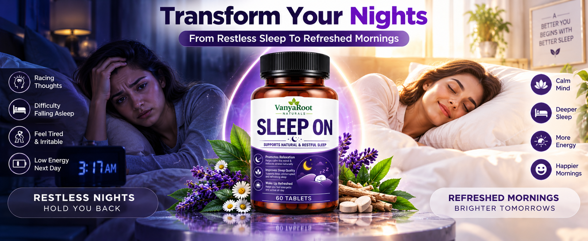 VanyaRoot Naturals Sleep On Tablets for Restful Sleep & Relaxation | Supports Deep Sleep, Stress Relief & Calm Mind | Herbal Sleep Support Supplement | Non-Habit Forming | 60 Tablets (Pack of 1)