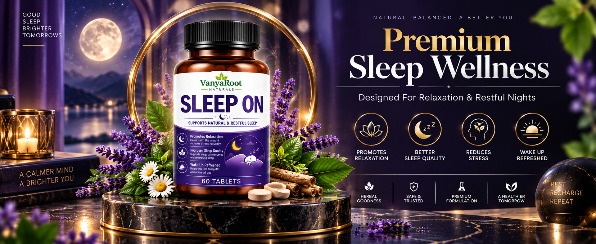 VanyaRoot Naturals Sleep On Tablets for Restful Sleep & Relaxation | Supports Deep Sleep, Stress Relief & Calm Mind | Herbal Sleep Support Supplement | Non-Habit Forming | 60 Tablets (Pack of 1)