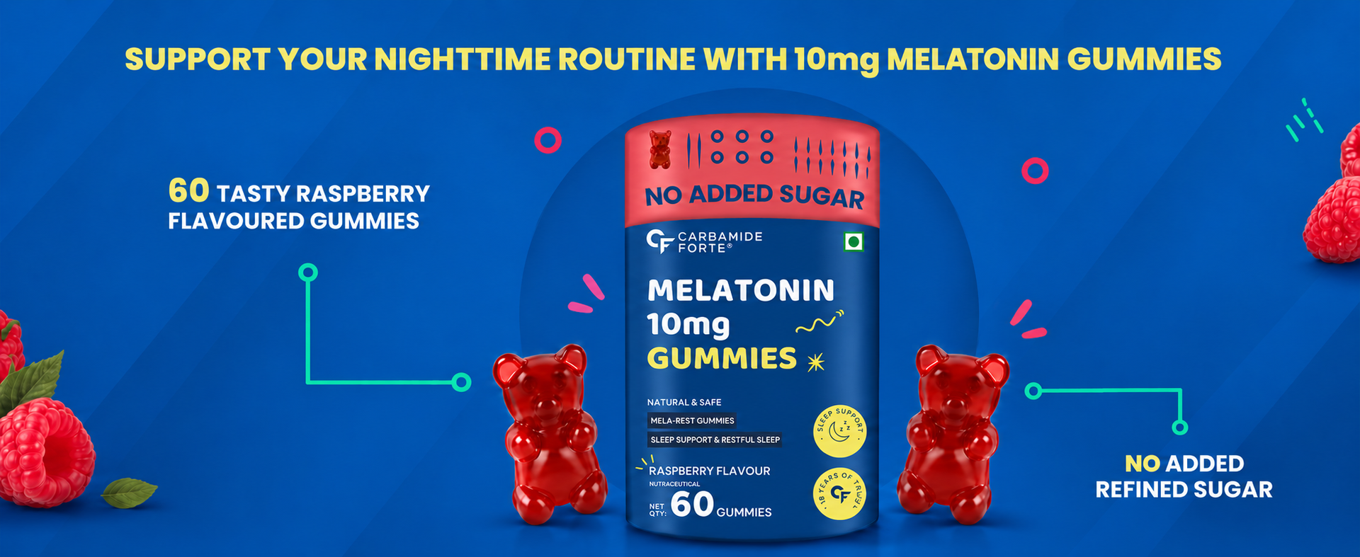 Carbamide Forte Melatonin 10mg Gummies for Better Sleep | Sleep Supplement - 60 Veg Gummies (Pack of 2)