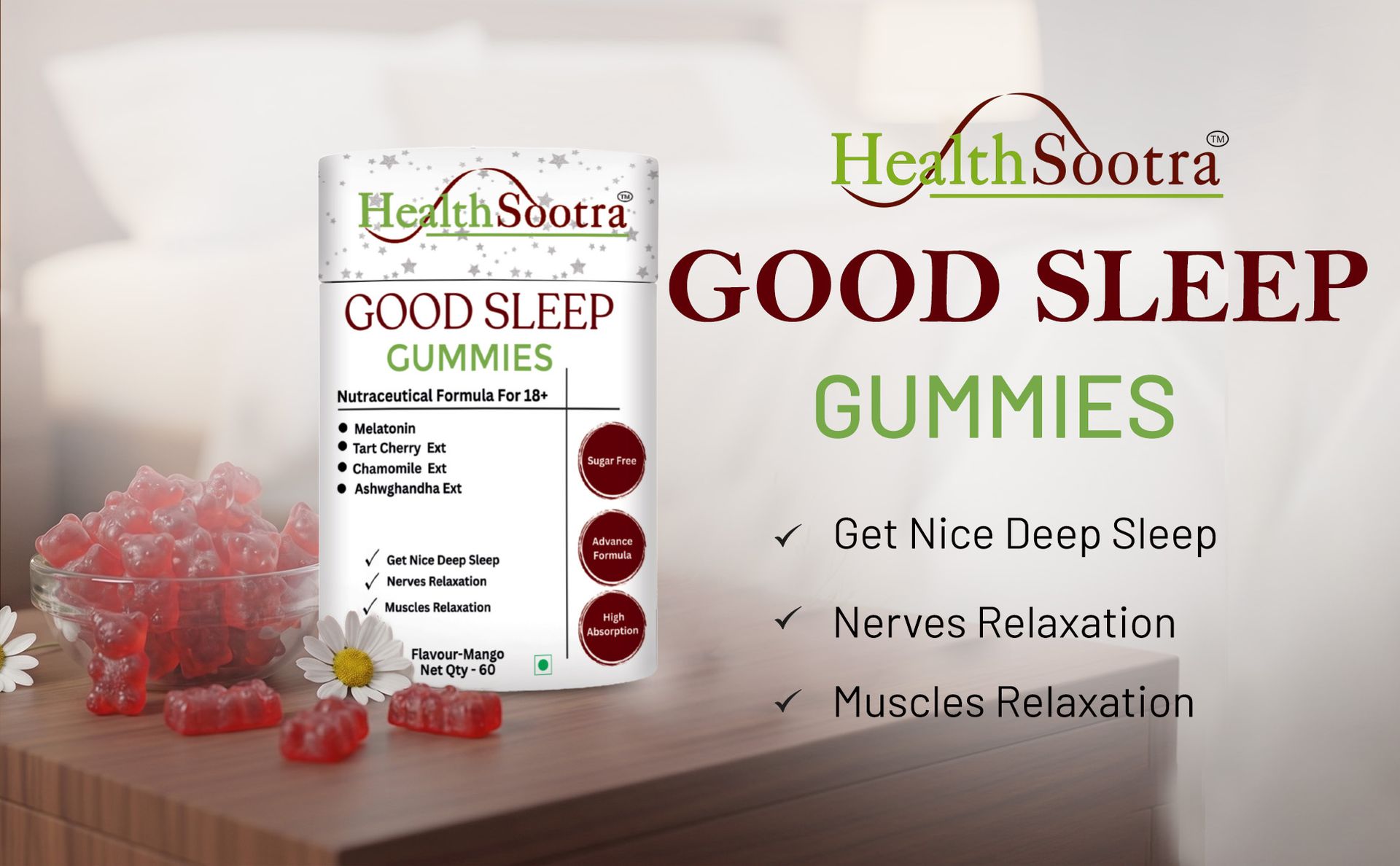 Melatonin 5mg Sleep Gummies for Adults | 60 Gummies | Mango Flavour | Sugar Free Supplement with Melatonin, Chamomile, Tart Cherry & Ashwagandha Extract | Chewable Gummy for Night Routine