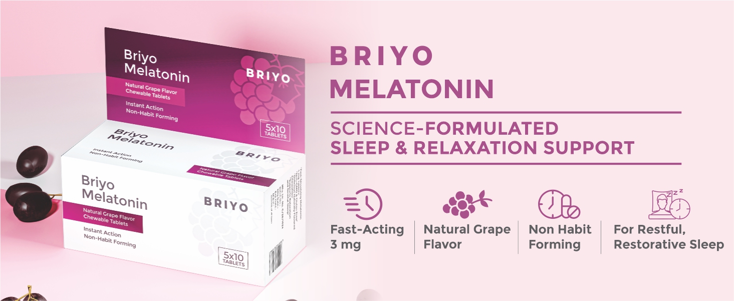Briyo Melatonin 3 mg Natural grape flavoured Chewable Tablets - Fast-Acting Quick Dissolve Night time Relaxation & Restful Sleep Support - Sleep Aid - 50 Chewables pack