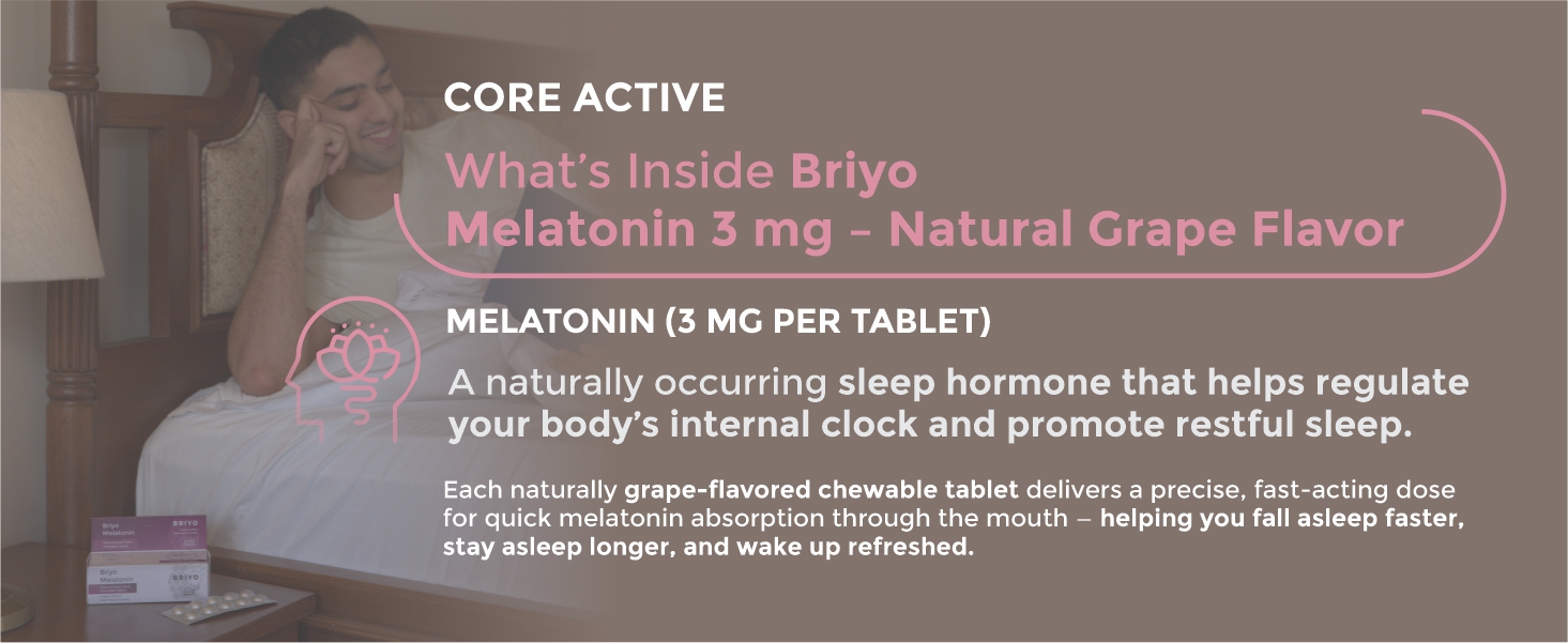 Briyo Melatonin 3 mg Natural grape flavoured Chewable Tablets - Fast-Acting Quick Dissolve Night time Relaxation & Restful Sleep Support - Sleep Aid - 50 Chewables pack