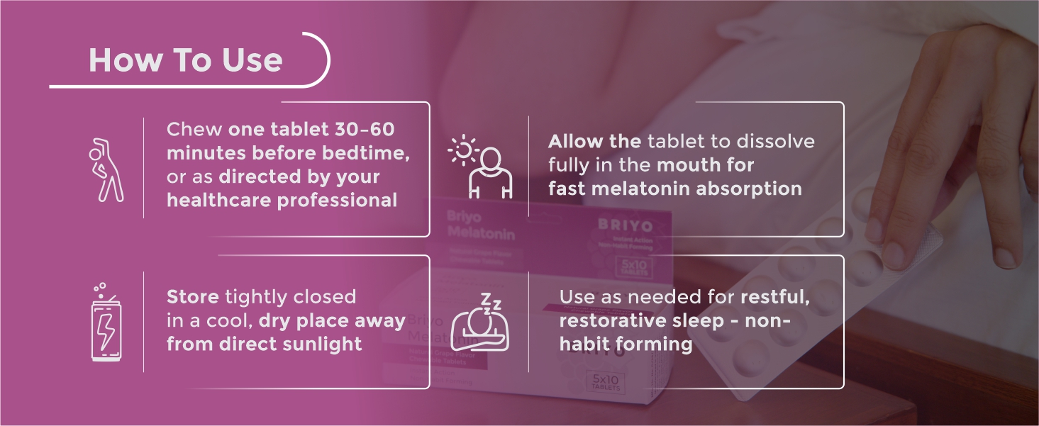 Briyo Melatonin 3 mg Natural grape flavoured Chewable Tablets - Fast-Acting Quick Dissolve Night time Relaxation & Restful Sleep Support - Sleep Aid - 50 Chewables pack