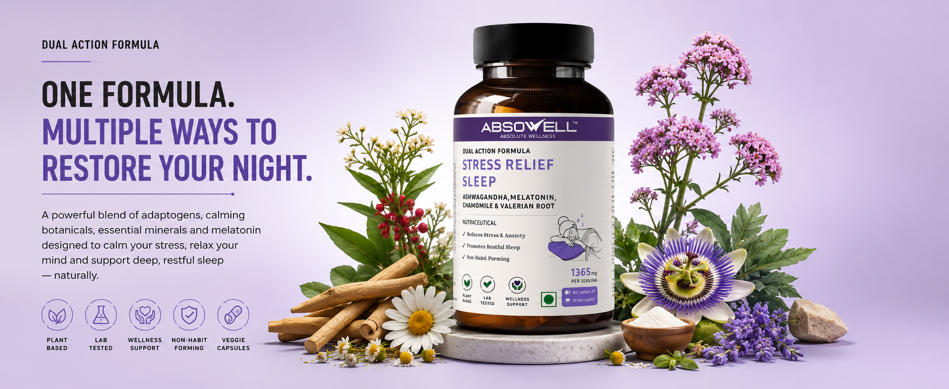 Stress & Sleep Relief | 60 Veg Capsules | Ashwagandha 300mg, L-Theanine 200mg, Valerian, Chamomile & Melatonin 3mg | Natural Non-Habit Forming Sleep Aid & Stress Relief Supplement