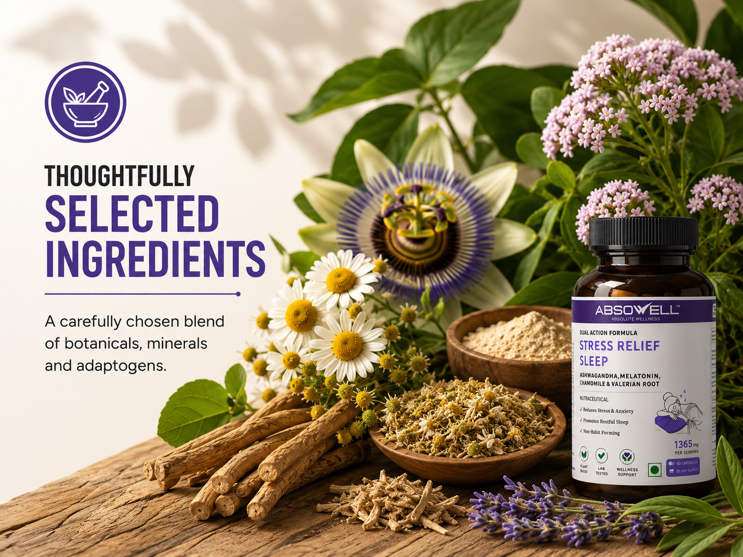 Stress & Sleep Relief | 60 Veg Capsules | Ashwagandha 300mg, L-Theanine 200mg, Valerian, Chamomile & Melatonin 3mg | Natural Non-Habit Forming Sleep Aid & Stress Relief Supplement