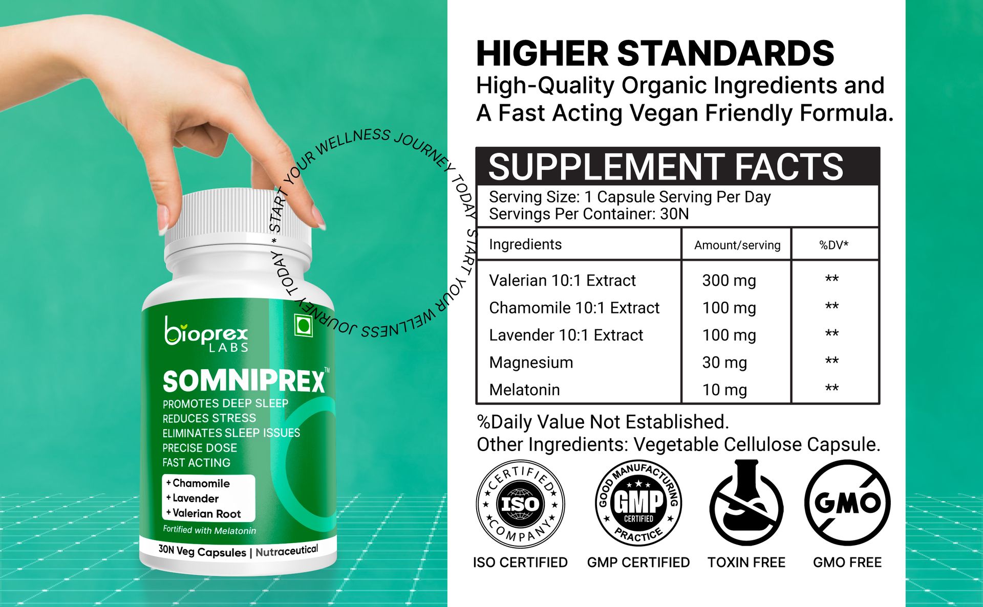 Bioprex Lab | Somniprex Sleep Supplements (30 Veg Capsules) | Sleeping I Adaptogens for Deep Sleep, Morning Energy | Non-Habit Forming | Deep, Relaxing, Undisturbed Sleep with Melatonin, Valerian Root, Chamomile, Lavender, Magnesium | Improves Mood |
