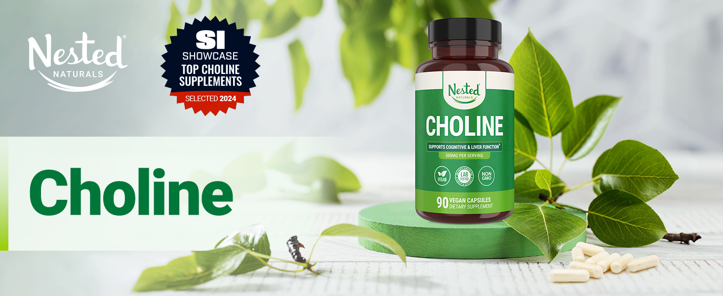 Nested Naturals Choline Bitartrate 500mg Per Serving - High Potency Choline Supplements - Supports Prenatal Maternal & Fetal Health During Pregnancy* - 100% Vegan & Non-GMO - 2-Pack (180 Capsules)