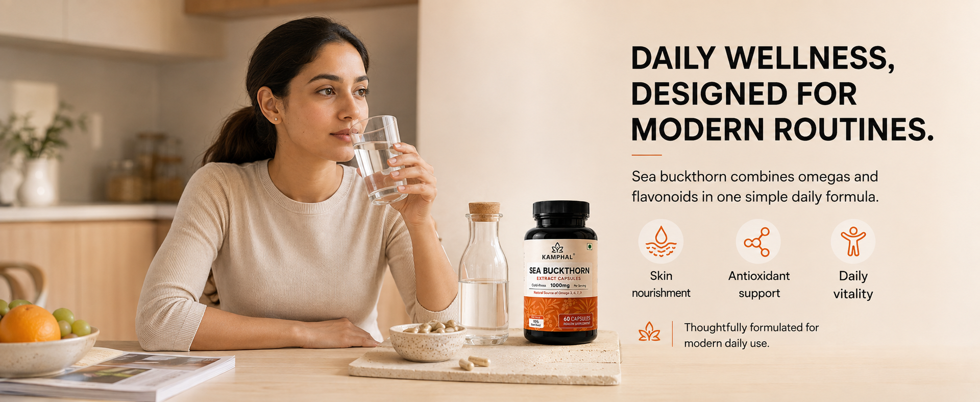 Sea Buckthorn Capsules | 1000mg Per Serving | 10% Flavonoids + Omega 3, 6, 7 & 9 | Antioxidant, Skin & Immunity Support | No Fillers or Additives | 60 Veg Capsules