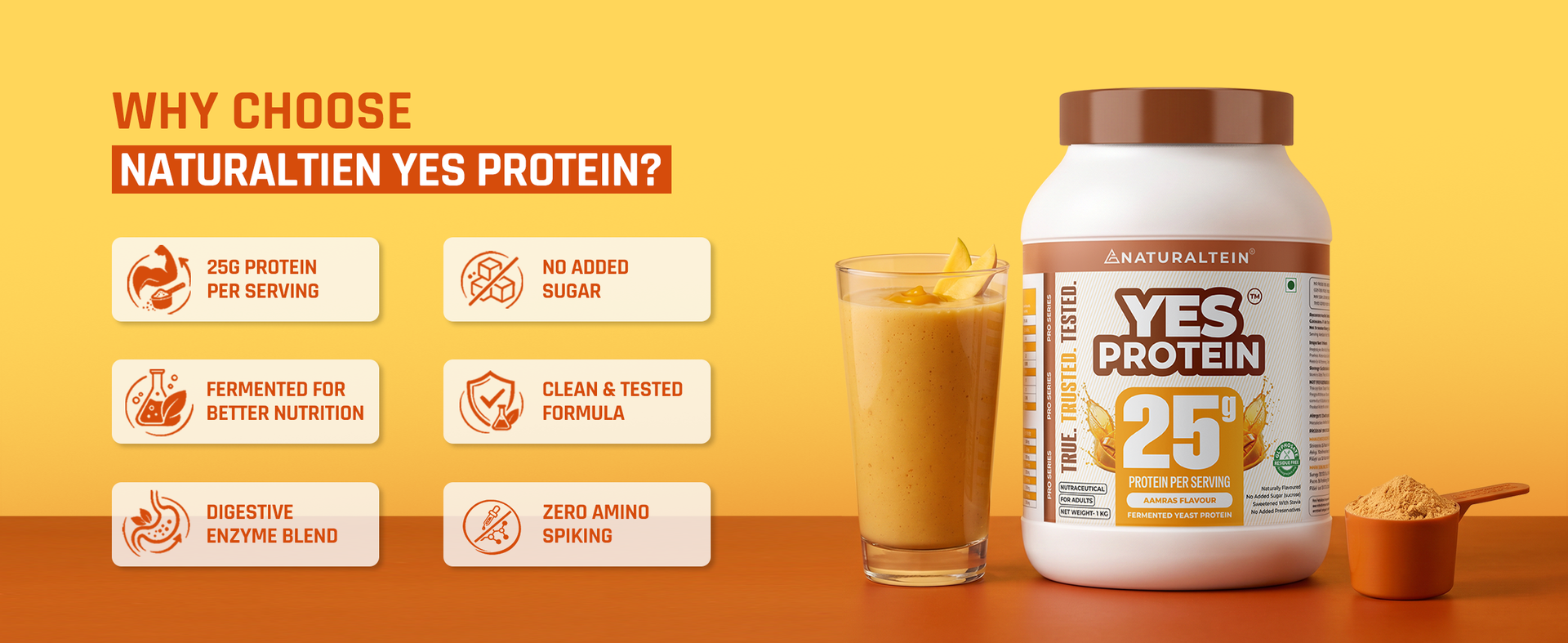 Naturaltein YES Protein 1kg | Fermented Yeast Vegan Protein Powder | Aamras Flavour | 25g Protein & 5.08g BCAA Per Serving | No Added Sugar | Naturally Sweetened | Digestive Enzymes | Heavy Metal Tested | 28 Servings