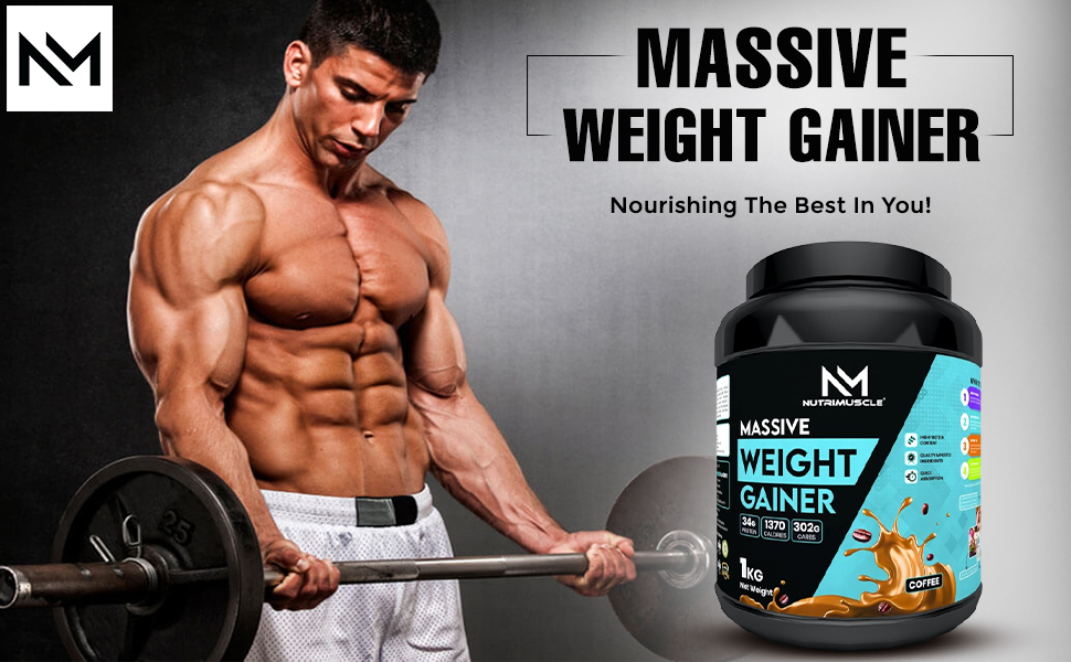 Nutrimuscle Massive Weight Gainer Powder – 1 Kg | Coffee Flavour | Complex Carbs & Protein Blend for Healthy Weight & Muscle Mass Gain | Men & Women
