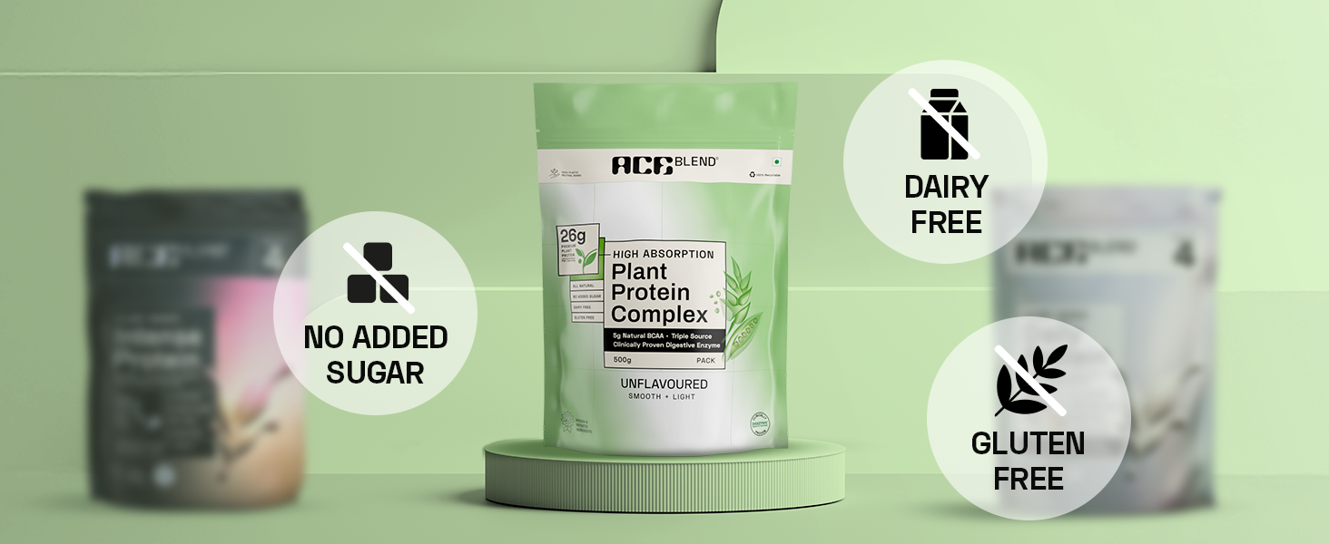 Ace Blend Unflavoured Plant Protein Triple Complex 500g | Brown Rice, Pea & Lentil | 26G / Serving | Complete Amino Acids | Gut Friendly | Soluble Food Fortifier for Aata, Dosas - For Men & Women