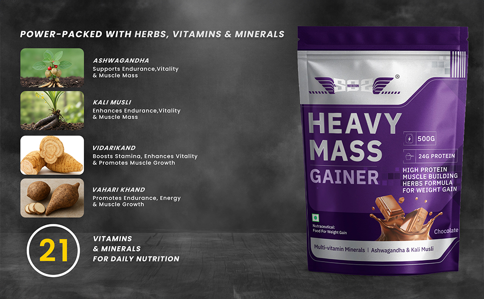 SOS Nutrition Mass Gainer Protein & Herbs, 24g Whey Protein Chocolate 500g