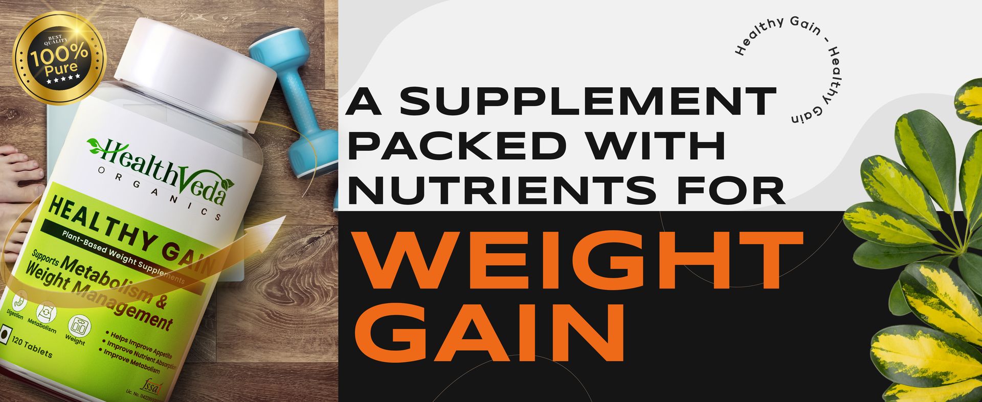 Health Veda Organics Healthy Gain 120 Tablets | Herbal Weight Gain Support | Helps Maintain Healthy Appetite, Metabolism & Strength | For Men & Women