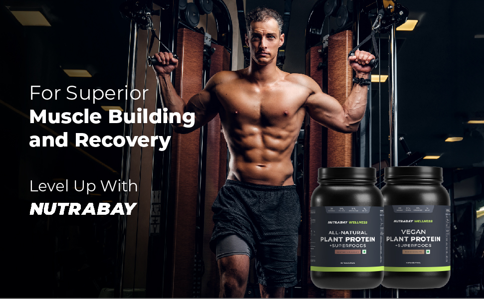 Nutrabay Wellness All Natural Plant Protein 24g Protein per Serving, Pea & Brown Rice, Sweetened with Stevia – 1kg, Gourmet Chocolate