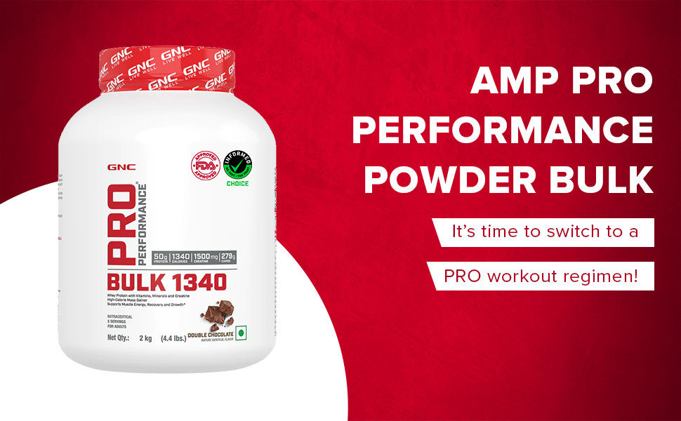GNC Pro Performance Bulk 1340 Mass Gainer | 2 kg | 50 Gm Protein | Double Chocolate | Protein-Carbs Ratio of 1:5 For Target Gains | Boosts Muscle Size & Energy | 50g Protein | 279g Carbs | 1340 Cal | 1.5g Creatine | Formulated In USA