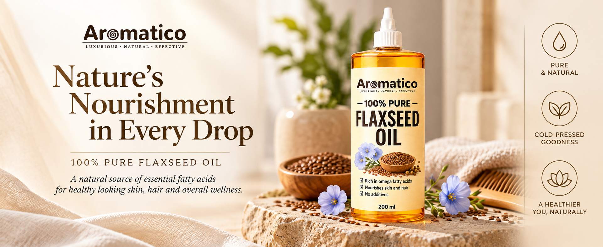 AROMATICO Flaxseed Oil for Skin, Hair, Scalp Massage & Lightweight DIY Beauty Care | Omega 3,6 & 9 Rich for Glowing Skin & Hair Growth - 200ml