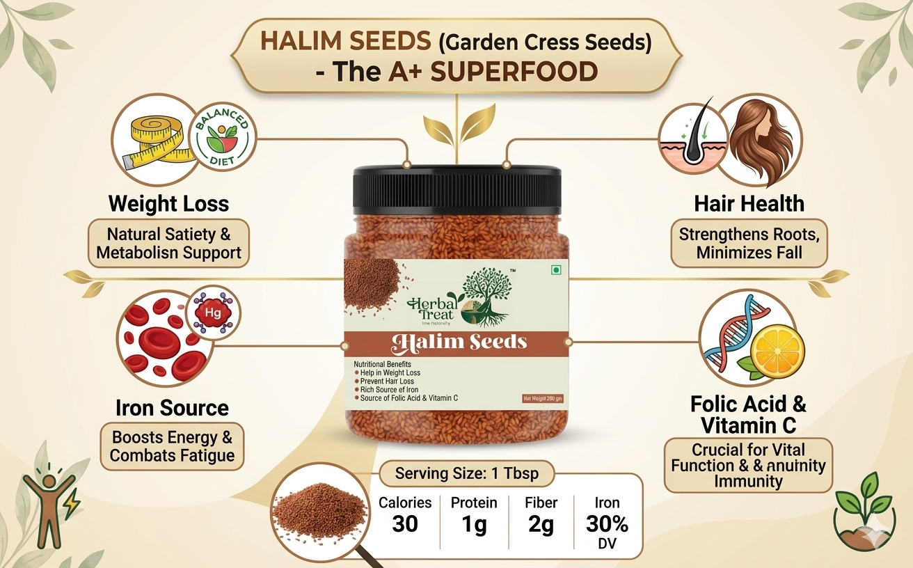 Herbal Treat Halim Seeds | Raw Garden Cress Aliv Seeds for Eating | Iron Rich Superfood, Supports Digestion & Weight Management | Haleem Seed | Asaliya Seeds Used in Cooking, Baking, Smoothies and Other Beverages (350g)