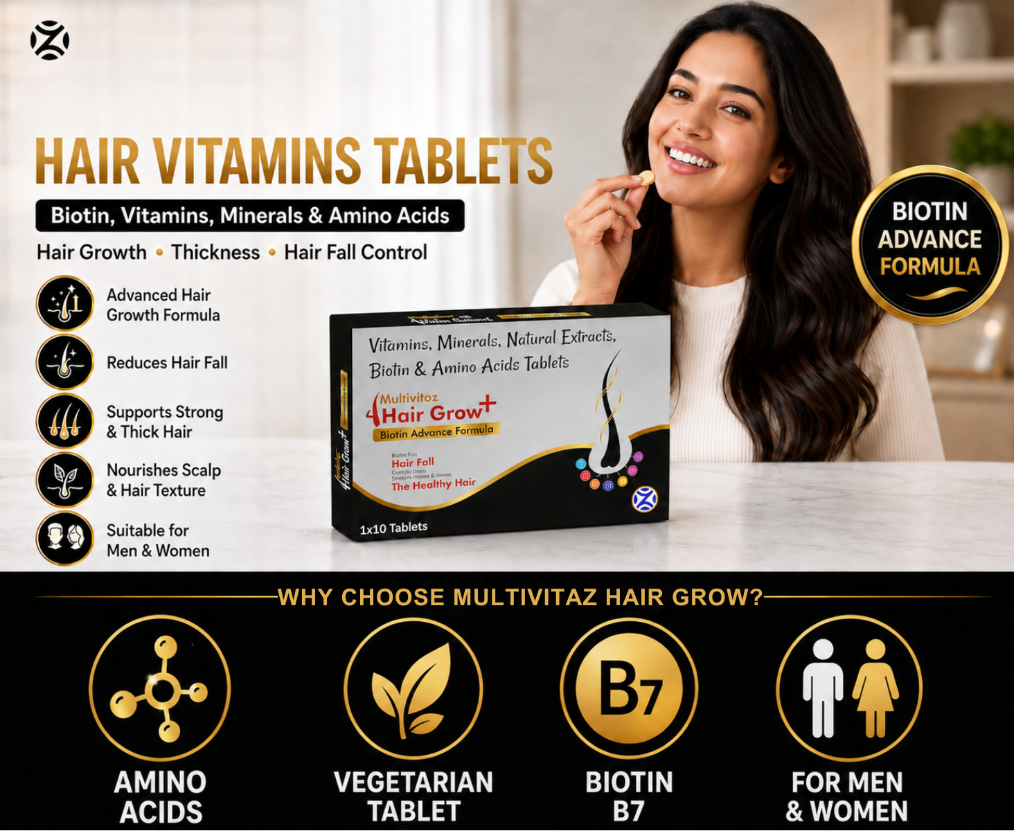 ZEAL PHARMACURE Hair Vitamins Tablets for Growth & Thickness | Biotin, Vitamins, Minerals & Amino Acids | Hair Fall Control Supplement for Men & Women | Multivitaz Hair Grow+ Vegitarian Tablets (30 TABLET)