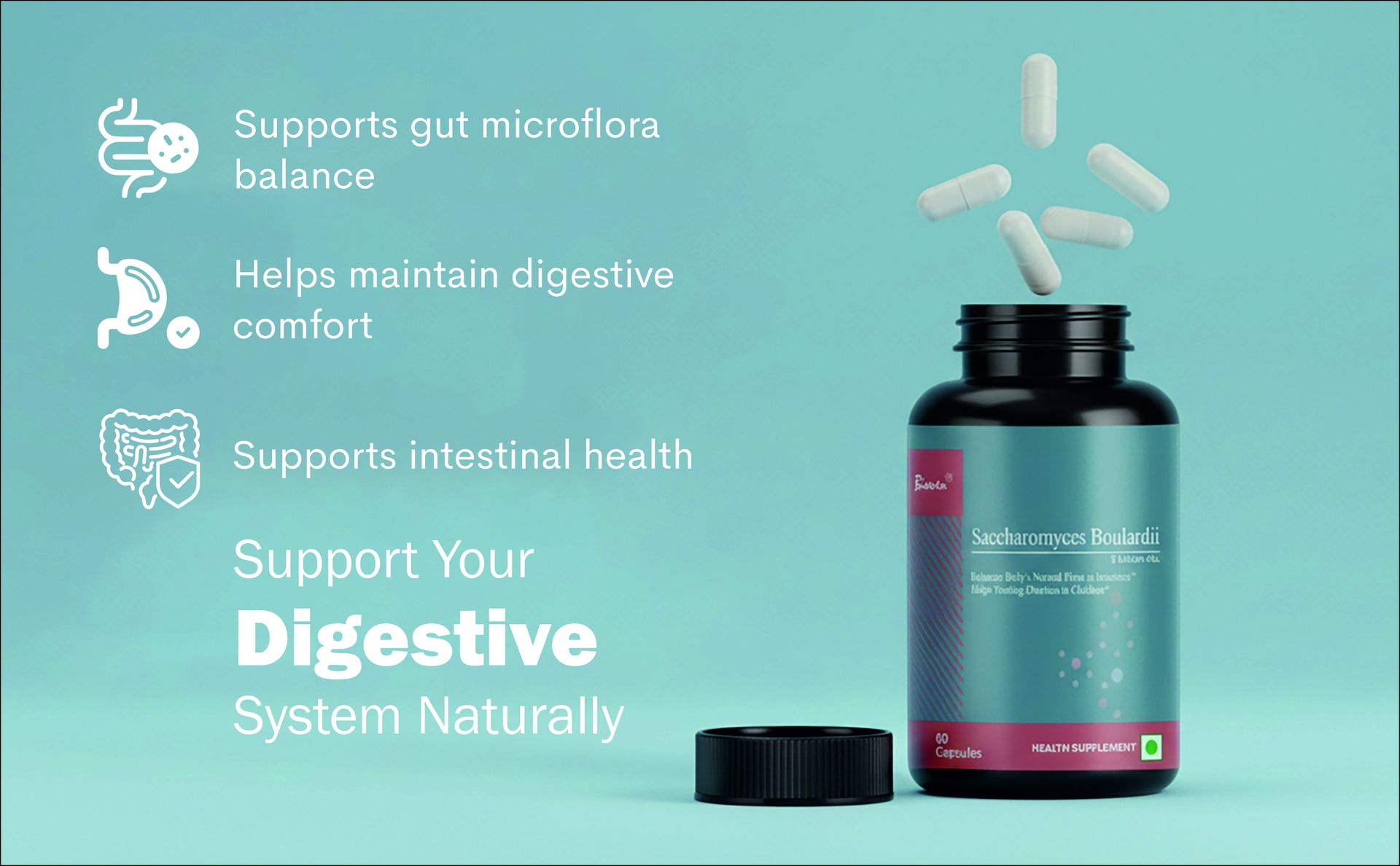 Pure Saccharomyces Boulardii Probiotic Yeast – 5 Billion CFU – Advanced Digestion, Gut Health & Travelers' Wellness – 60 Vegetarian Capsules