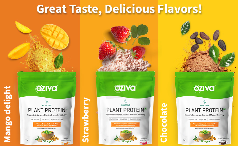 OZiva Bioactive Plant Protein Powder, 5.5g BCAA, Pea Isolate, Mango, 1kg
