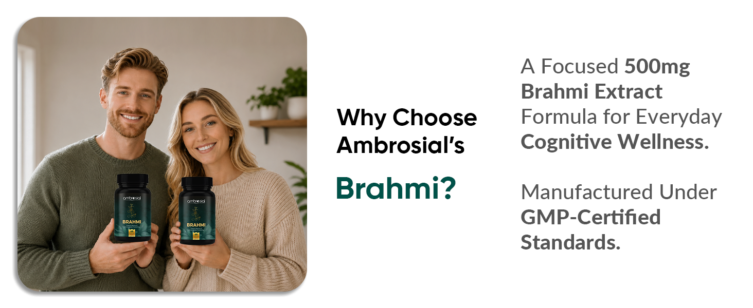 Ambrosial Brahmi 500 mg EACH Bacopa Monnieri Capsules (Pack of 1-60 Capsules)
