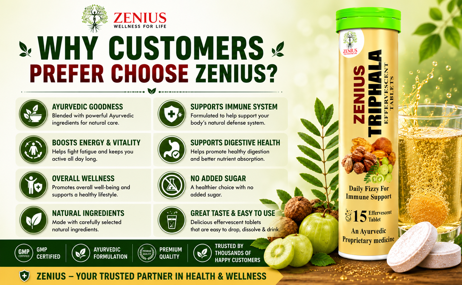 Zenius Triphala Effervescent Tablets, 15 Tablets