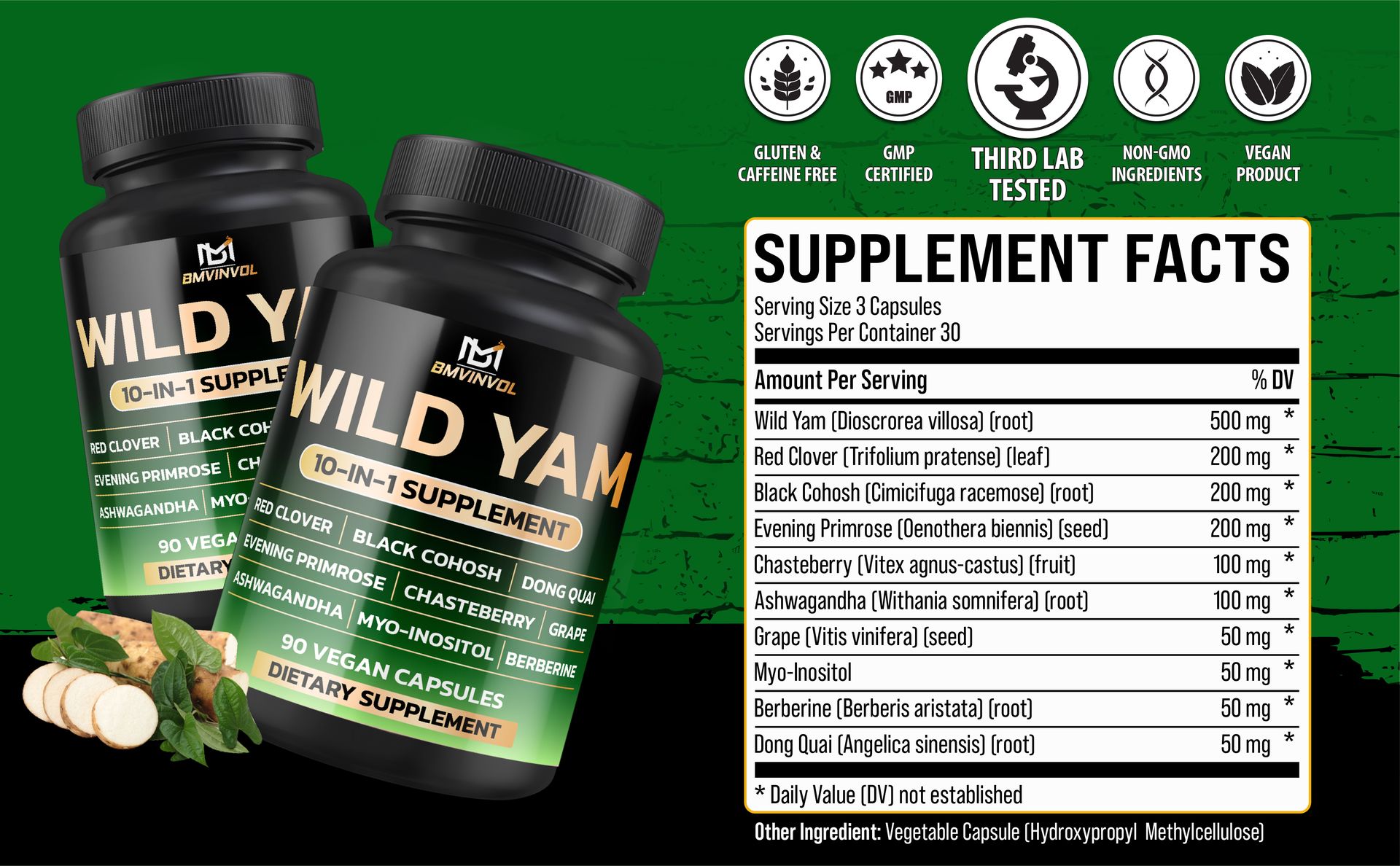 BMVINVOL Wild Yam Supplement | Red Clover, Black Cohosh, Evening Primrose, Berberine, Myo-Inositol - [ 90 Capsules]