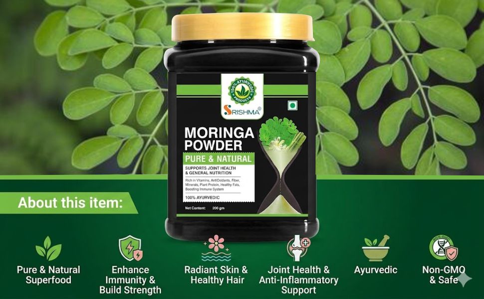 Moringa Powder 200g | 100% Pure & Natural Ayurvedic Moringa Leaf Powder | Rich in Vitamins, Antioxidants & Fiber | Supports Immunity, Joint Health, Skin & Hair Care | Herbal Superfood Supplement