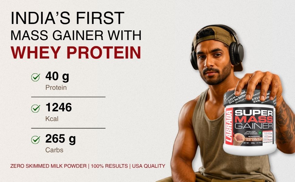 Labrada Super Mass Gainer Weight Gainer Powder | 40g Protein & 256g Carbs per Serving | High Calorie Muscle Mass Gainer for Weight Gain & Muscle Building | Chocolate Ice Cream Flavor | 1kg