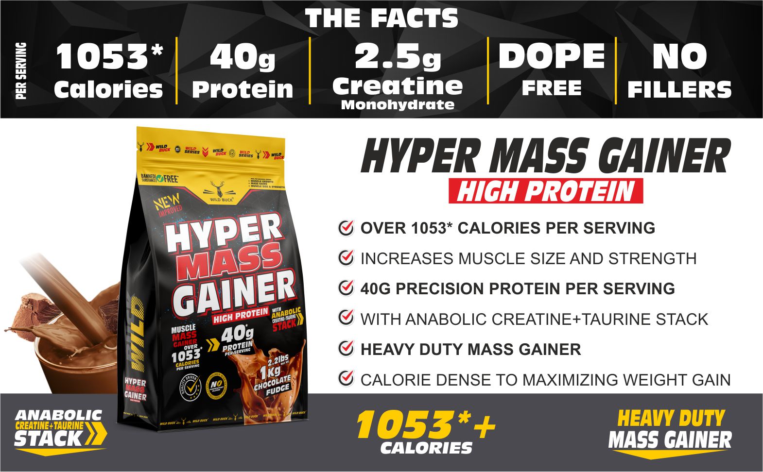 Wild Buck Hyper Mass Gainer, High Protein Muscle Mass Gainer with Creatine + Taurine,1053 Calories & 40g Protein, Gain Strength & Size,for Men & Women [Chocolate Fudge,1 Kg Powder] Free Shaker