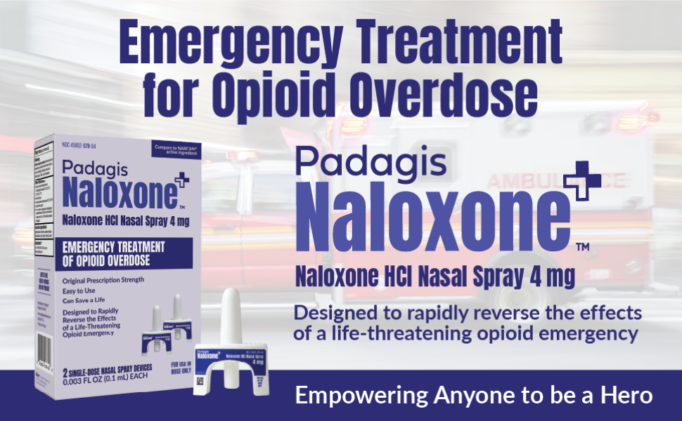 Padagis Naloxone HCI Nasal Spray, 4 mg – Emergency Treatment for Opioid Overdose - Rapid-Response Opioid Overdose Reversal, 2 Dose Single Use Nasal Spray