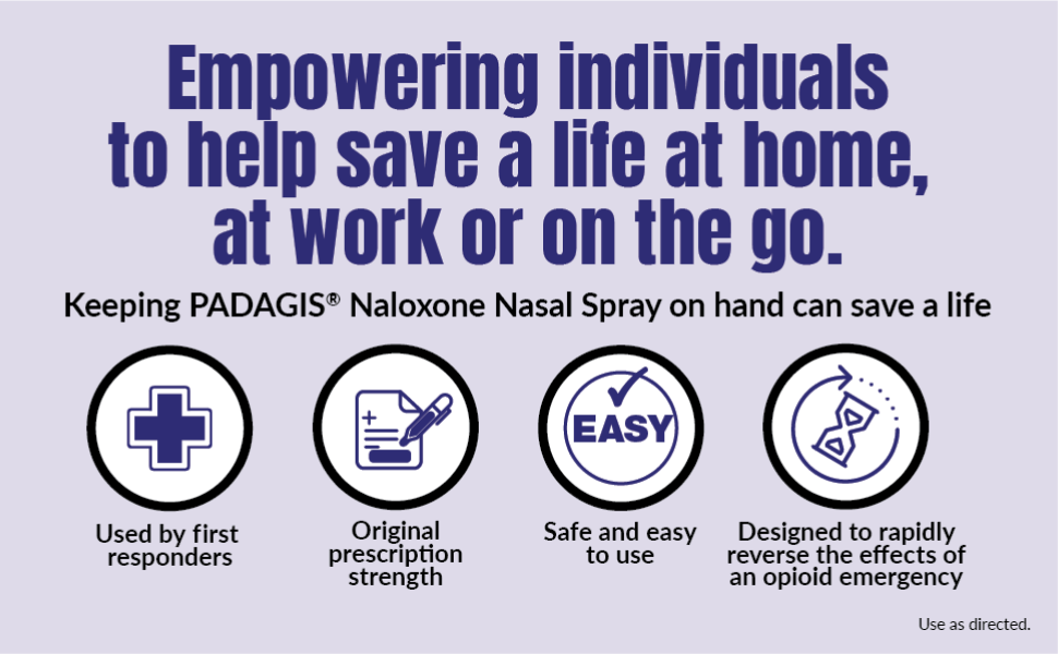 Padagis Naloxone HCI Nasal Spray, 4 mg – Emergency Treatment for Opioid Overdose - Rapid-Response Opioid Overdose Reversal, 2 Dose Single Use Nasal Spray