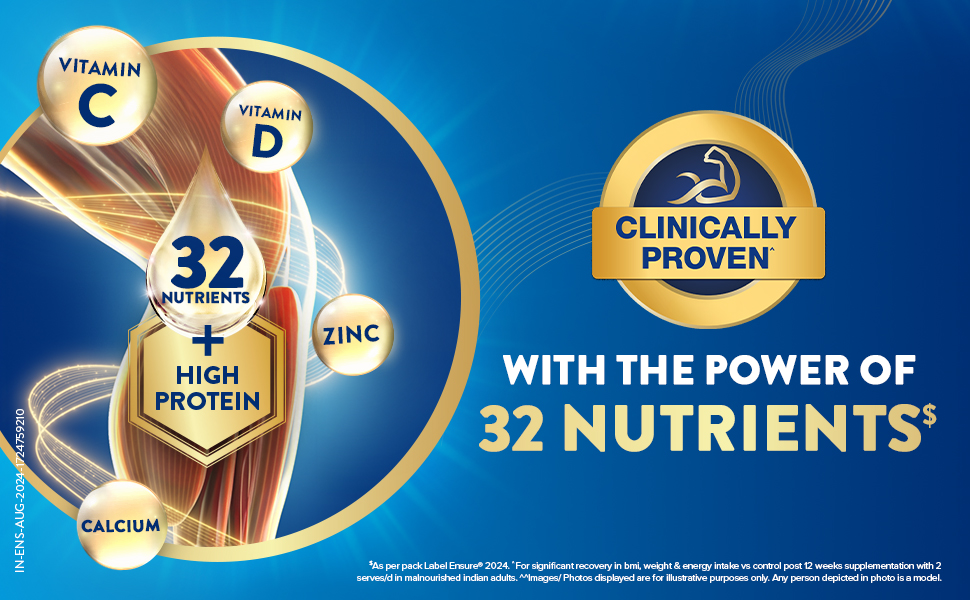 Ensure No 1 Nutritional Supplement Drink in the world, 32 nutrients High Protein,Calcium,Vit D, Vanilla 950g/1kg, Wt may vary, Powder, 1 count, 35 servings