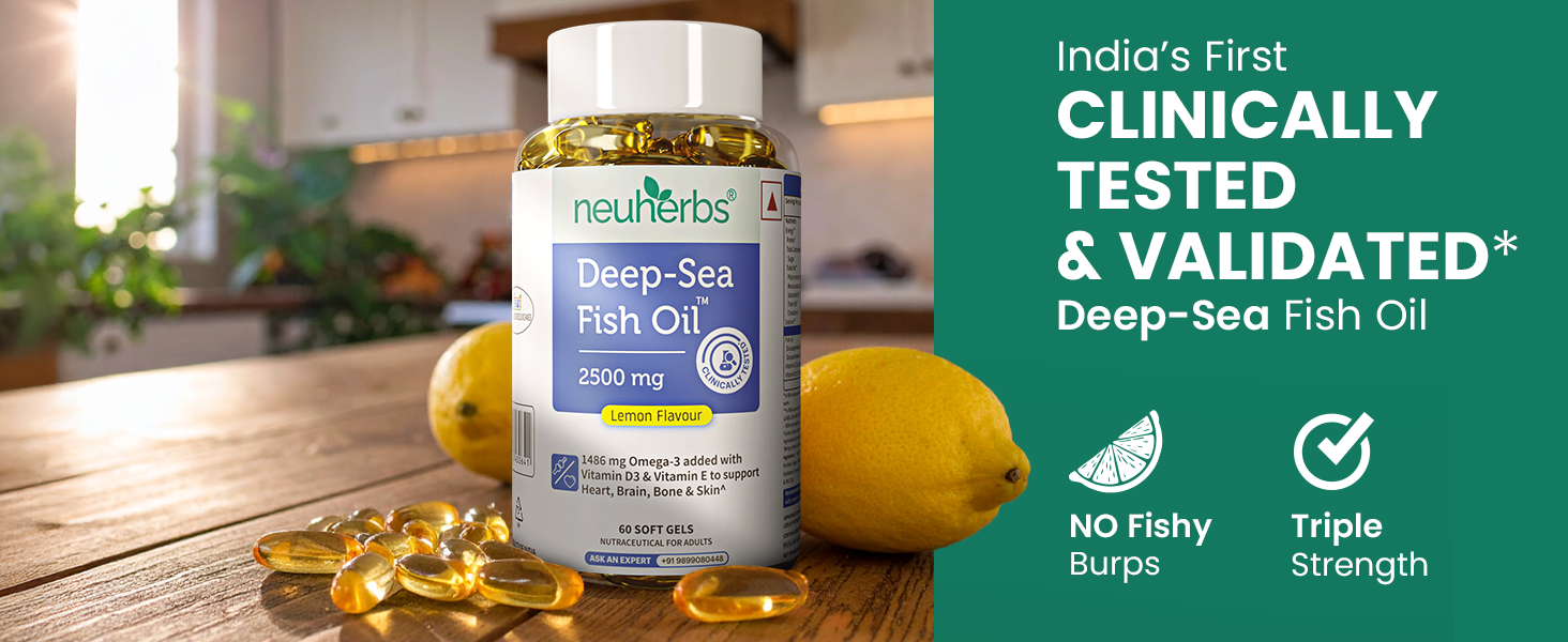 Neuherbs Deep Sea Omega 3 Fish Oil Capsules 2500mg Triple Strength - Supplement for Heart, Brain & Joint Support - No Fishy Burps, Lemon Flavour - 60 Softgels for Men & Women