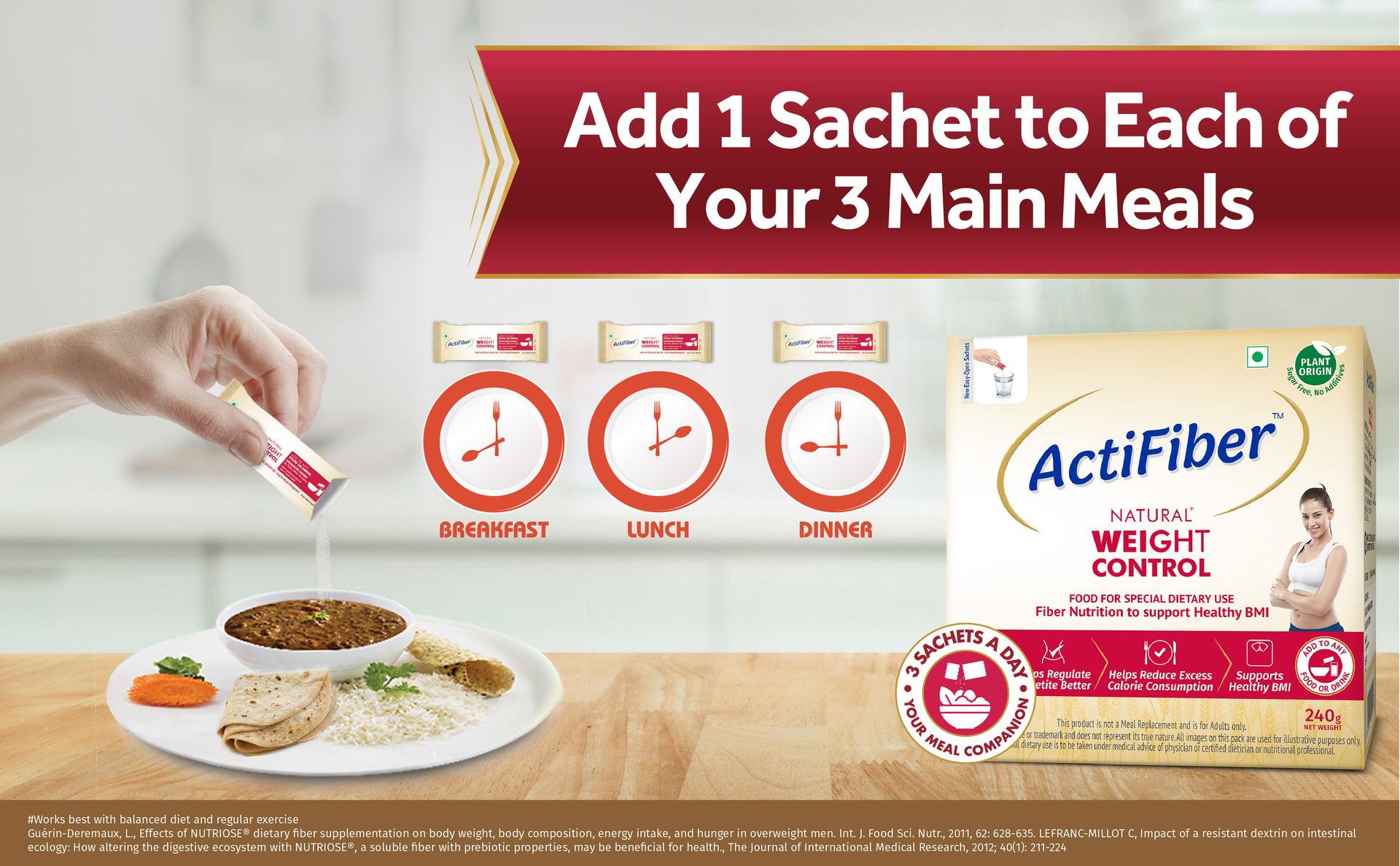 ActiFiber Natural Weight Control | Get Fit | Regulate Appetite Better | Reduce Excess Calories | Clinically Proven | Easy to Use | Plant Origin | Certified Safe | Women & Men (240Gms Pack, 30Sachets)