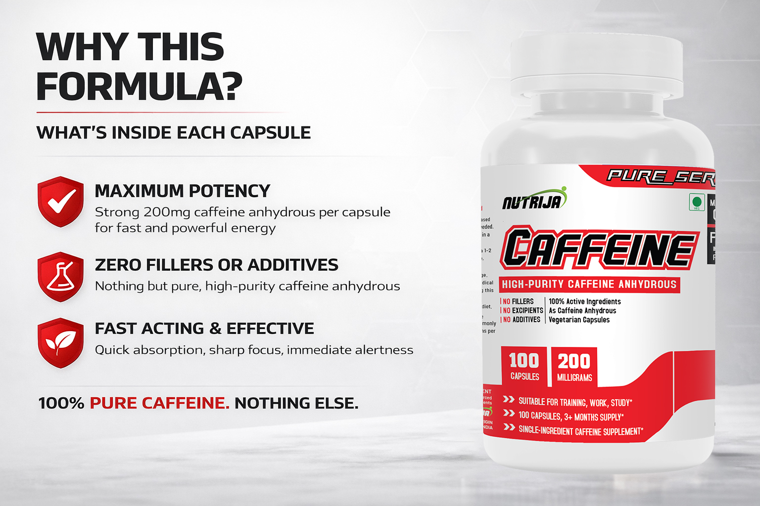 NutriJa Caffeine 200mg 100 Capsules | Caffeine Capsules for Pre-Workout and Daily Use | Sugar-Free, No Added Calories