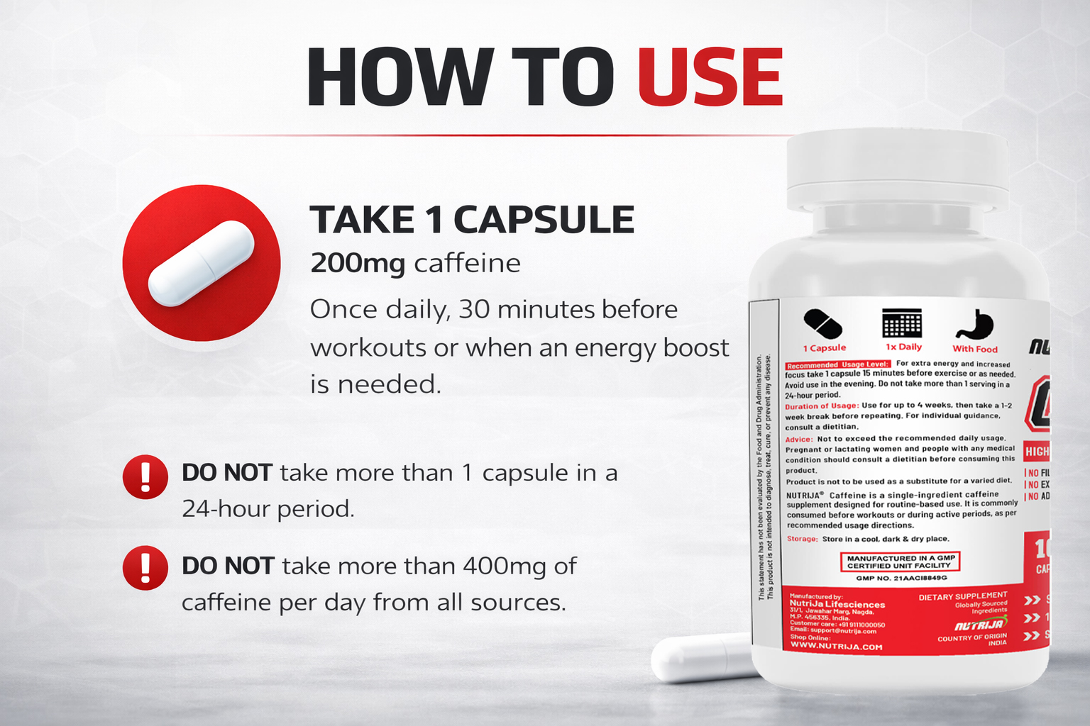 NutriJa Caffeine 200mg 100 Capsules | Caffeine Capsules for Pre-Workout and Daily Use | Sugar-Free, No Added Calories