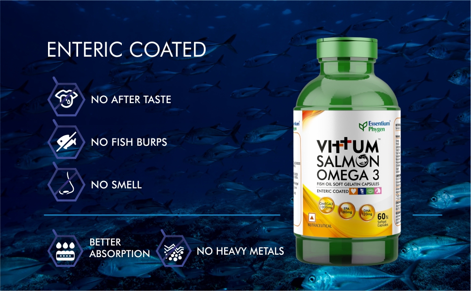 Vittum Omega 3 Salmon Fish Oil 1000 mg | EPA 180 mg + DHA 120 mg | Deep Sea Wild Fish Oil | Supports Heart, Brain & Eye Health | 60 Softgel Capsules