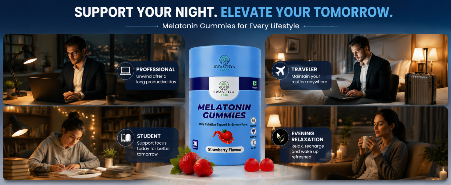 SWASTHYA AATA Melatonin Gummies Sugar Free Vegan & Gelatin Free Chewable Sleep Supplement For Adults Rich In Natural Bedtime Relaxation Nighttime Routine Support Strawberry Flavour