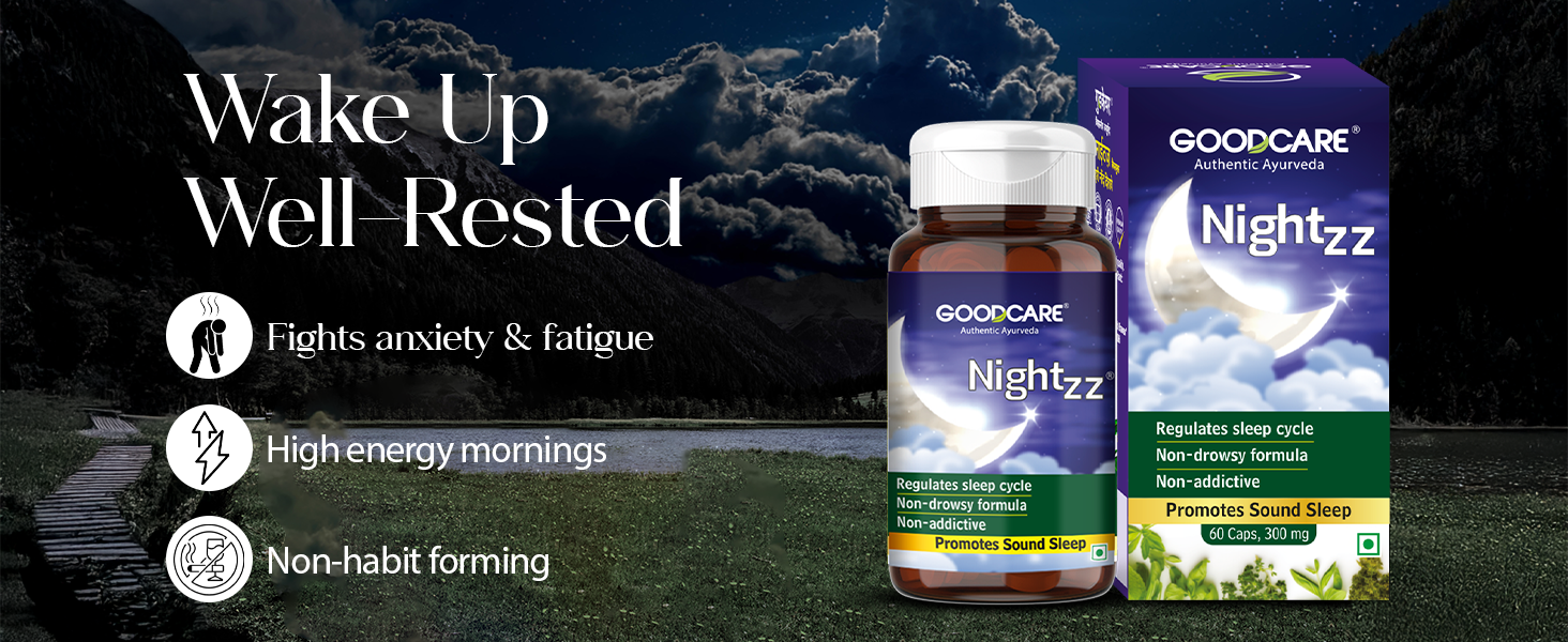 Goodcare Nightzz 60 Capsules | Ayurvedic Sleep Support Supplement | With Ashwagandha & Brahmi | Promotes Peaceful & Restful Sleep | Non-Drowsy, Non-Addictive Herbal Formula