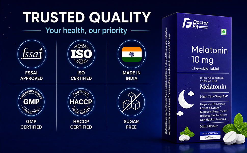 DoctorFit Melatonin 10 mg Tablets | Chewable Sleep Support Supplement | Mint Flavour | Supports Natural Sleep Cycle | Non-Habit Forming | 30 Tablets