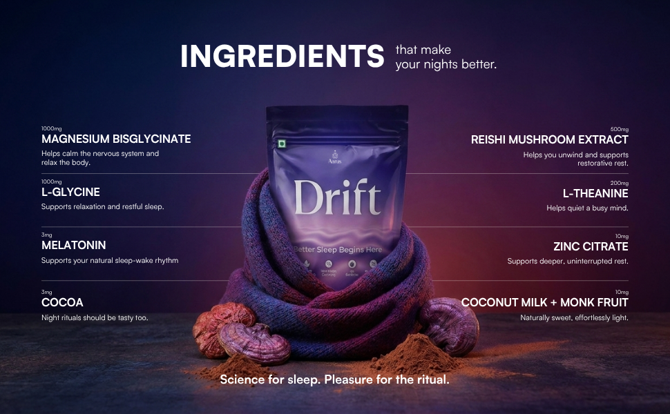 Aarus Drift Sleep Enhancing Cocoa Drink Mix | 3 Servings Trial Pack | Monocarton | Magnesium Bisglycinate | Glycine & Reishi Mushroom | Melatonin | Relaxation & Sleep Support | No Added Sugar | Vegan Sleep Aid Drink