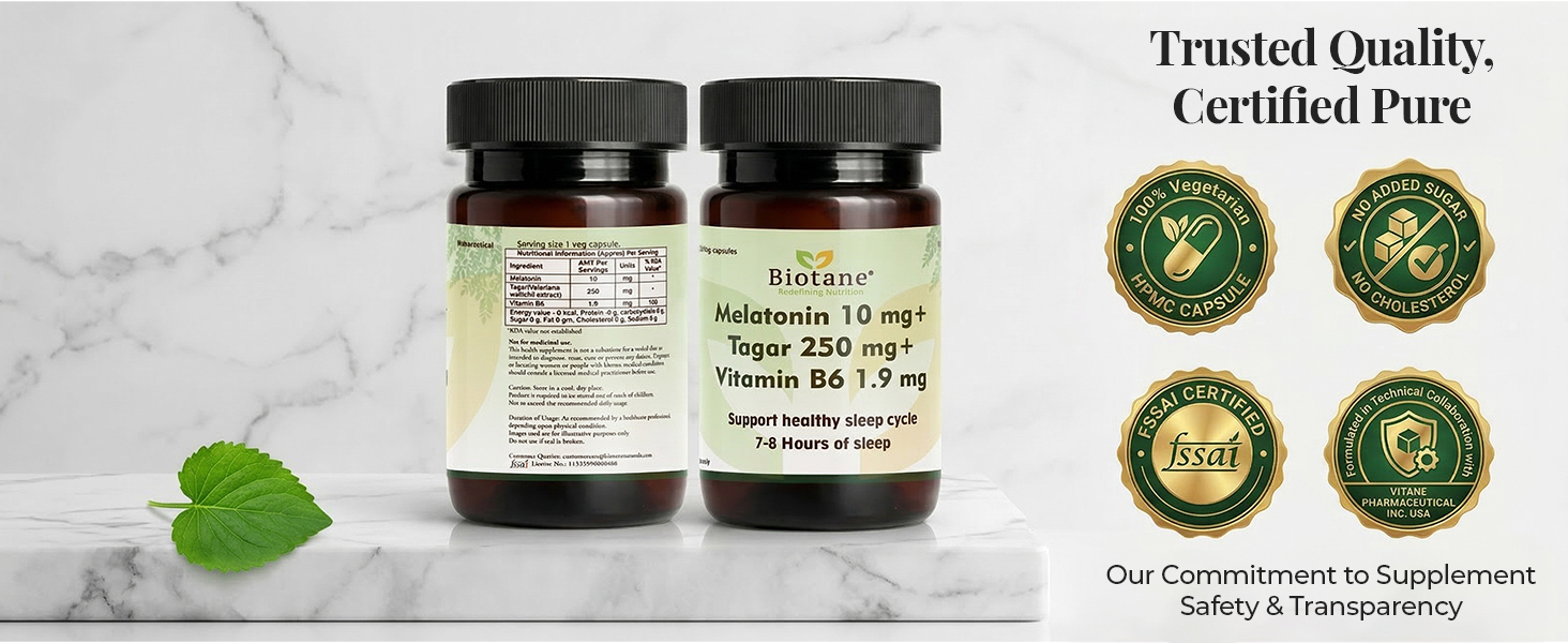 Biotane Naturals Melatonin 10 mg with Tagar 250 mg & Vitamin B6 | Sleep Support Supplement for Men & Women | Helps Support Restful Sleep & Relaxation | Non-Habit Forming | 30 Veg Capsules