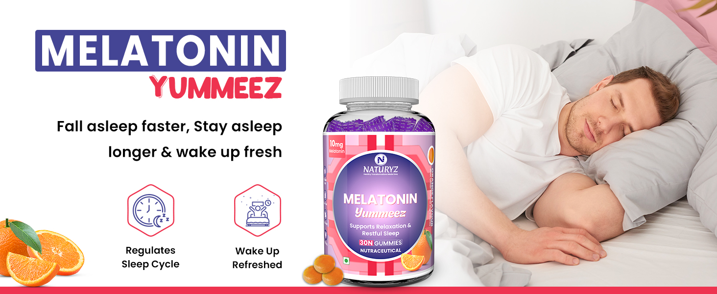 NATURYZ Yummeez Melatonin 10mg Gummies for Sleep - Non-Addictive | No Added Sugar | Valerian Root, Chamomile | Enhance Sleep Quality for Restful Nights, Wake Up Fresh & Energetic - 30 gummies(Orange Flavour)