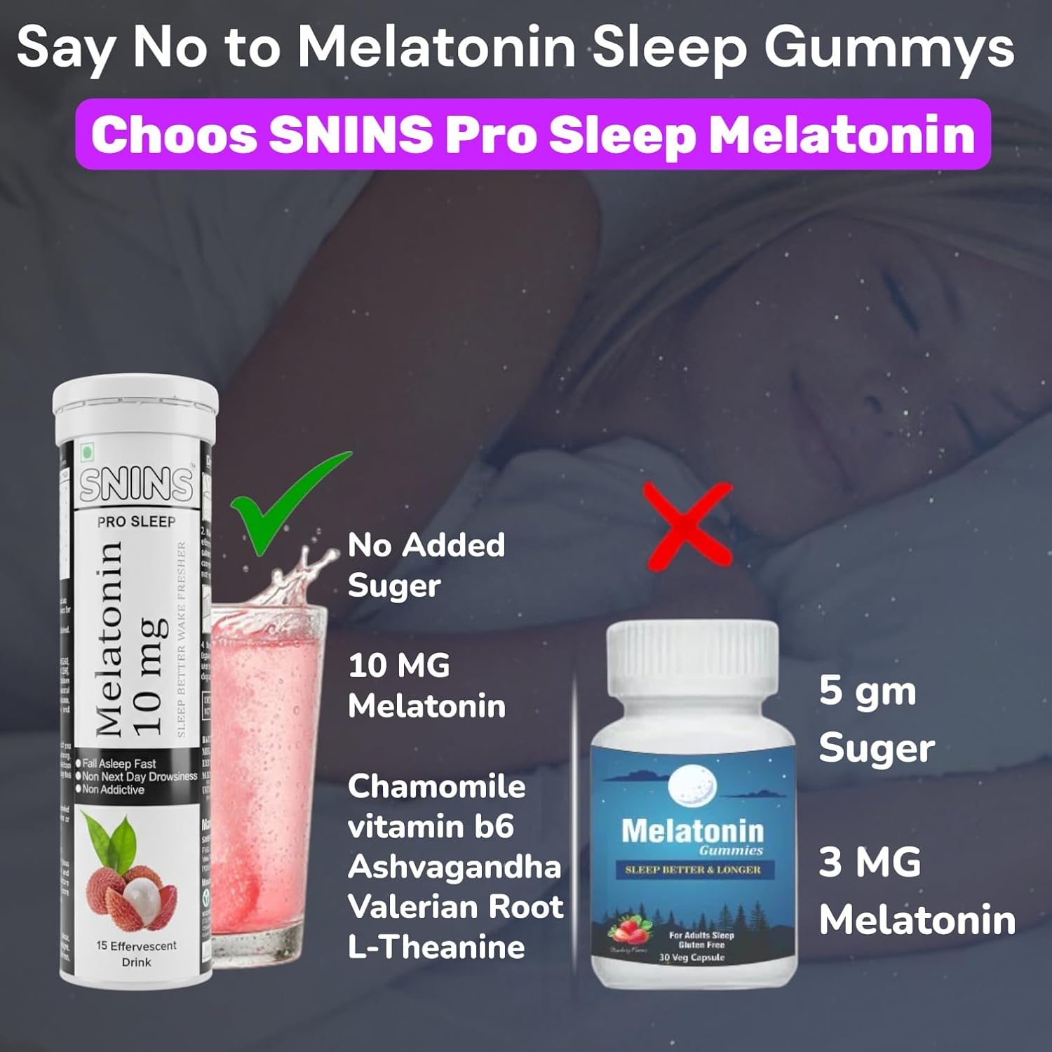 Pro Sleep 10 mg Melatonin 15 Effervescent & Stress Relief Vitamin with Ashwagandha No Added Sugar - 15 Litchi DRINK