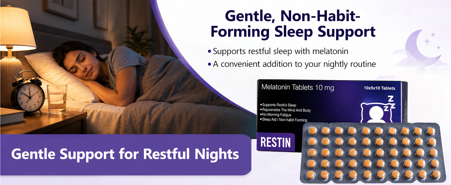 RESTIN Sleep Melatonin Tablets 10 mg for Men & Women | Oral Dissolving Mini Mints | Effervescent Tablets for Night-Time Routine | 50 Tablets (10 x 5 Tablets)
