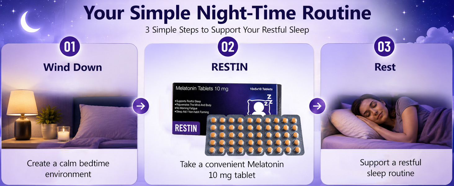 RESTIN Sleep Melatonin Tablets 10 mg for Men & Women | Oral Dissolving Mini Mints | Effervescent Tablets for Night-Time Routine | 50 Tablets (10 x 5 Tablets)