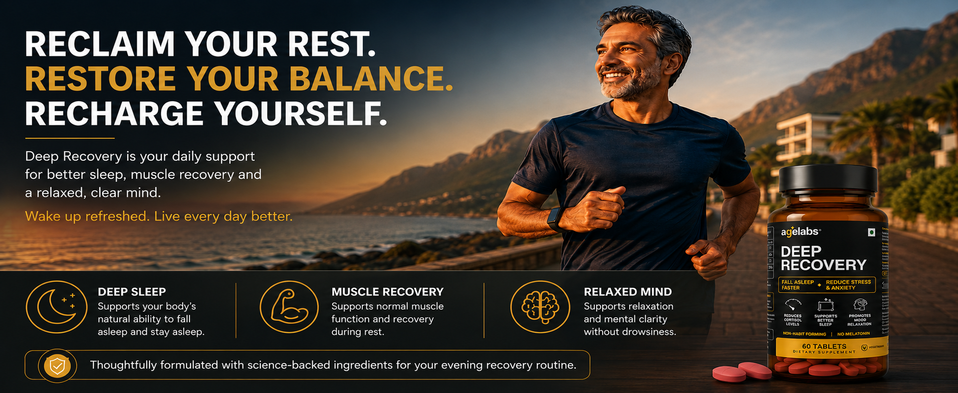 Deep Recovery | Magnesium Glycinate, Ashwagandha, L-Theanine & Vitamin B6 | Stress Relief, Better Sleep & Muscle Recovery Support | 60 Veg Tablets